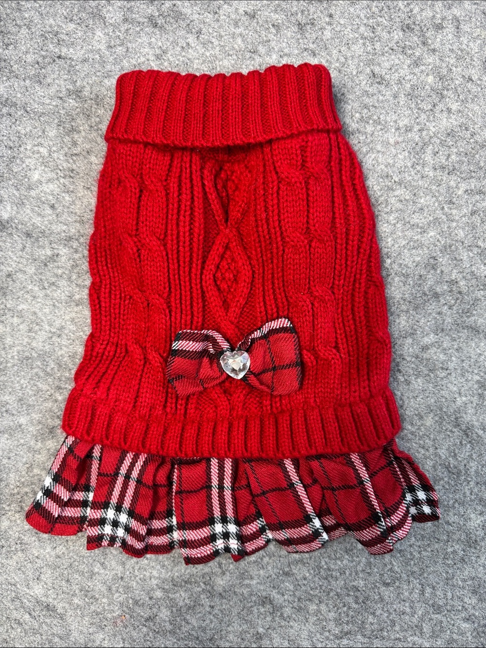 Red Knit Dog Sweater Dress Size Small Plaid Skirt Bow Holiday Pet Outfit